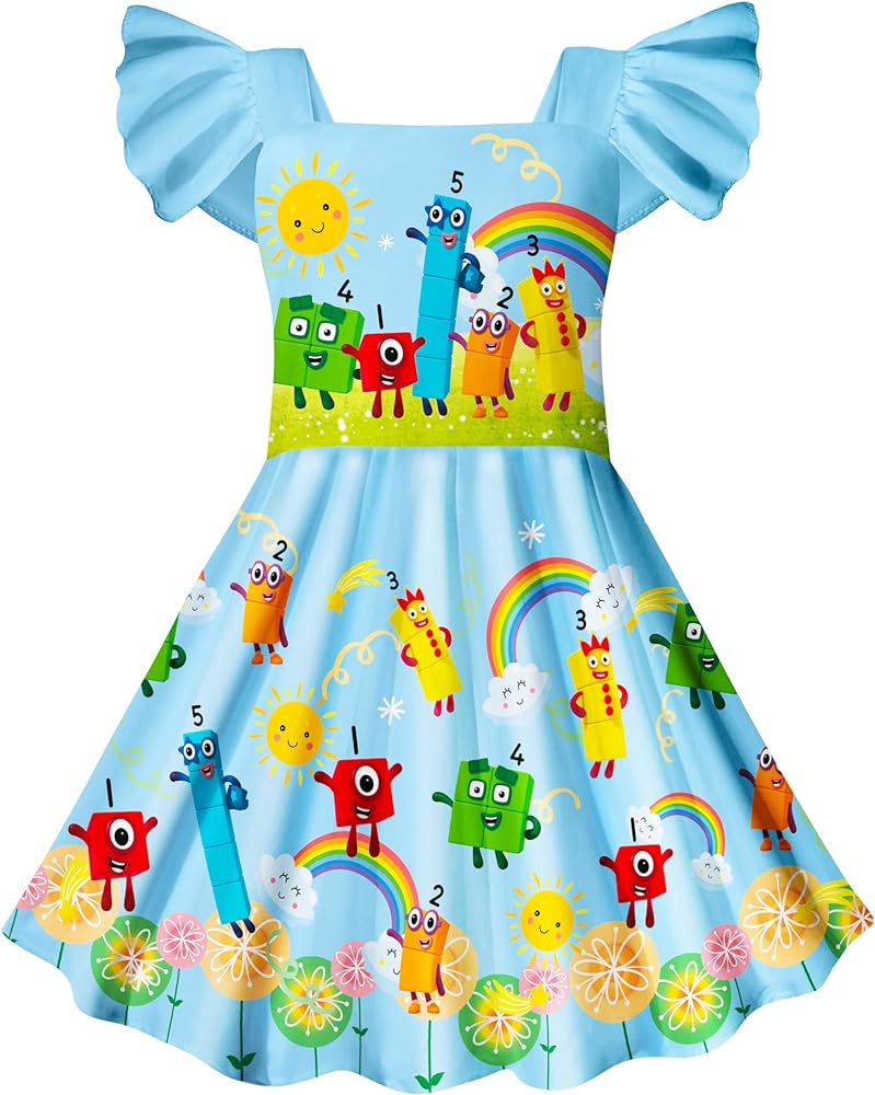 Girls Numbers Dress Cartoon Printed Home Casual Wear Birthday Gift for Kids