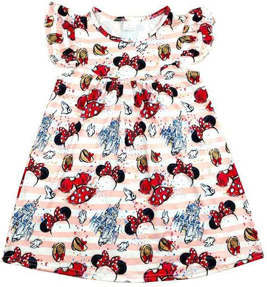 Children Clothes Girls Flutter Sleeve Cartoon Printed Toddlers Summer Mickey Bow Dress