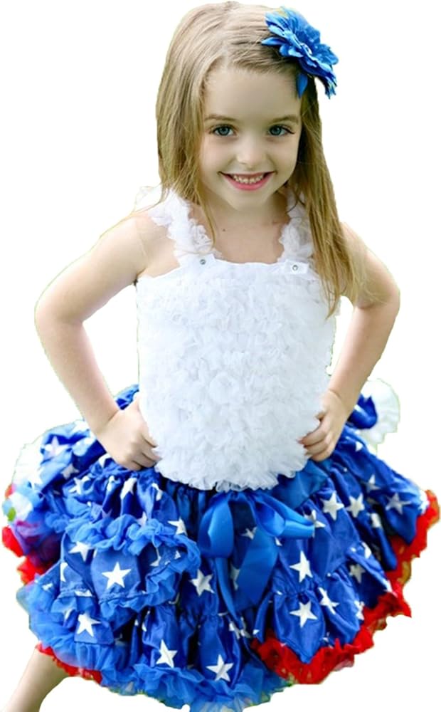 4th July White Ruffle Top Royal Blue Patriotic Star Pettiskirt Set Girl 1-8y