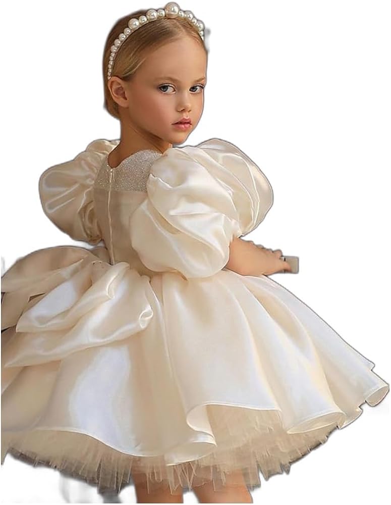 Kids Girls' Puff Sleeve Bow Dress Sequin Solid Colored A Line Dress Special Occasion