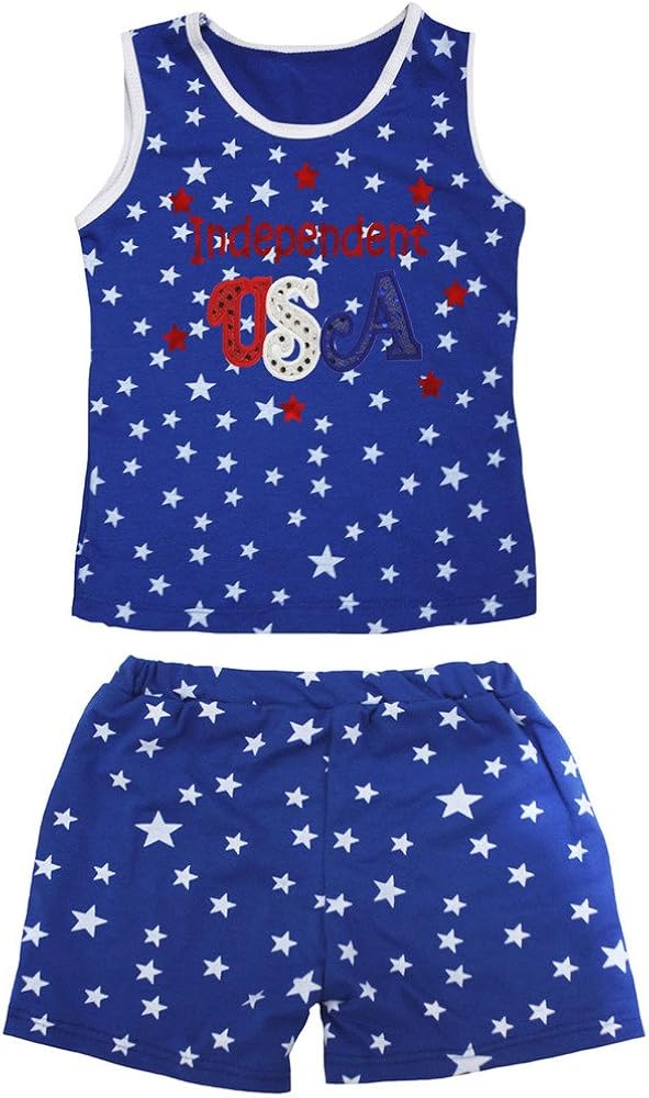 Petitebella Independent USA Patriotic Stars Cotton Shirt Blue Short Set 1-8y