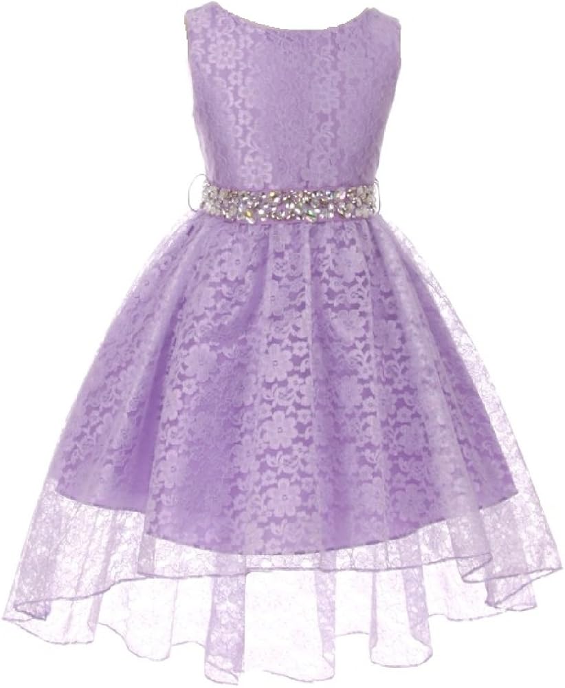 Dreamer P Sleeveless High Low Rhinestones Belt Lace Pageant Flower Girl Dress