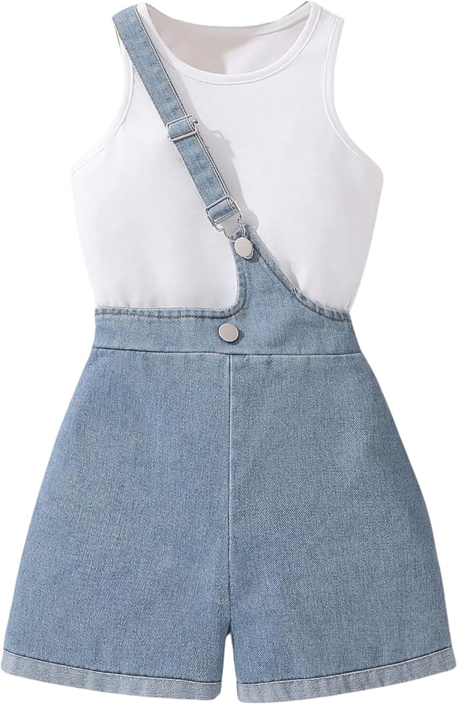 SHENHE Girl's Two Piece Summer Outfits Denim Overall Shorts with Crew Neck Tank Top Set