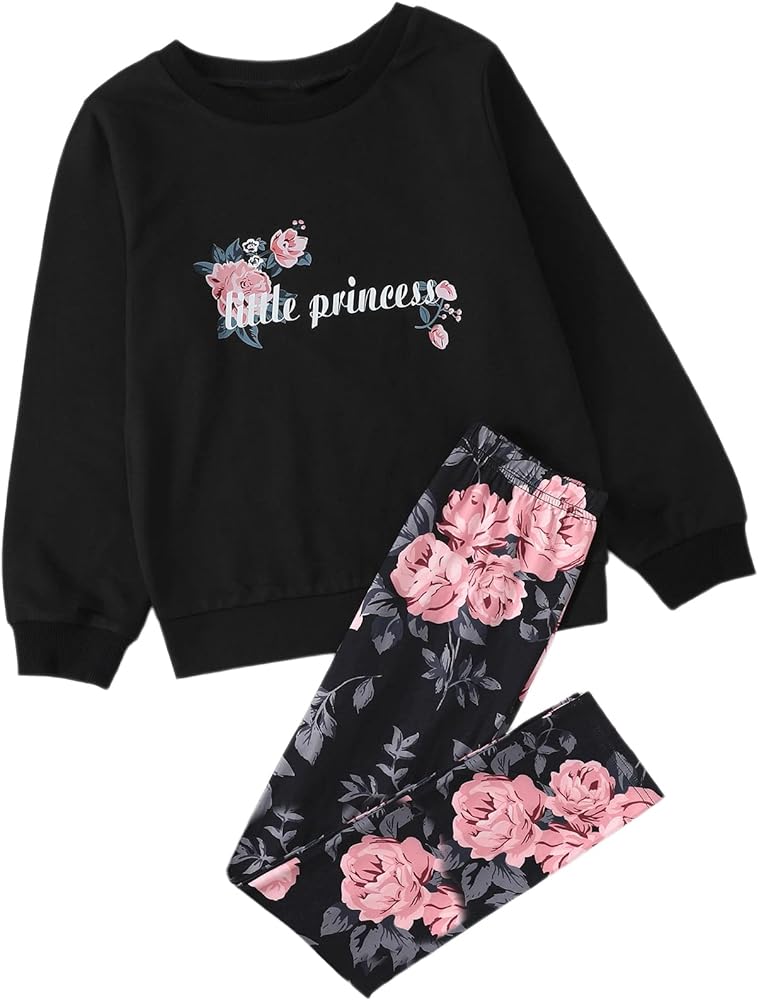 SOLY HUX Girl's Graphic Print Long Sleeve Sweatshirt Top and Pants Set 2 Piece Outfits Black Floral 160