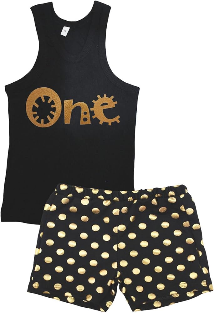 Petitebella Bling Birthday One Black Vest Gold Dots Short Set 1-8y