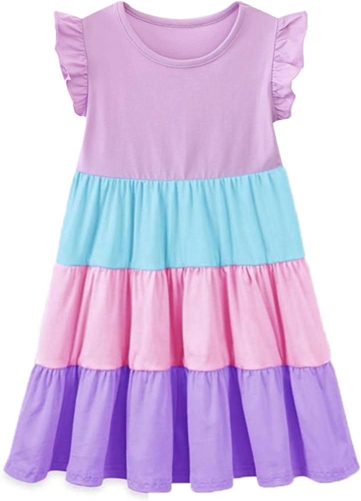 HILEELANG Little Girls Short Sleeve Dresses Easter Summer Cotton Casual Skater Swing Twirly Sundress