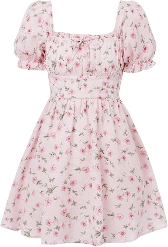 SHENHE Girl's Floral Puff Sleeve Ruched Frill Trim Shirred A Line Boho Flared Dress