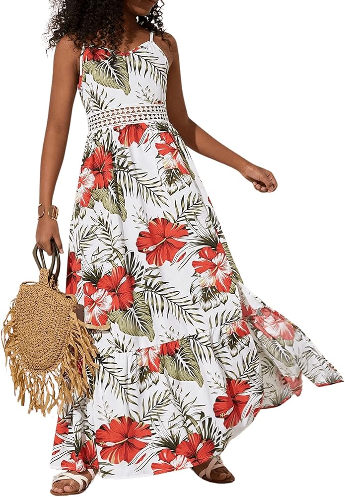 SHENHE Girl's Floral Sleeveless Split Thigh Ruffle Hem Summer Boho Maxi Cami Dress