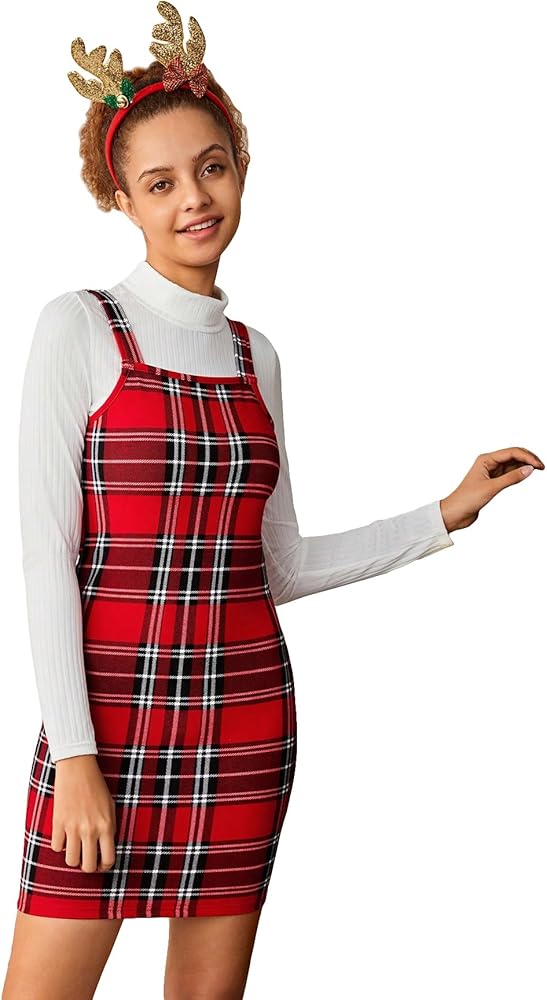 WDIRARA Girl's 2 Piece Outfits Mock Neck Long Sleeve Tee Shirt and Plaid Overall Mini Dress Set