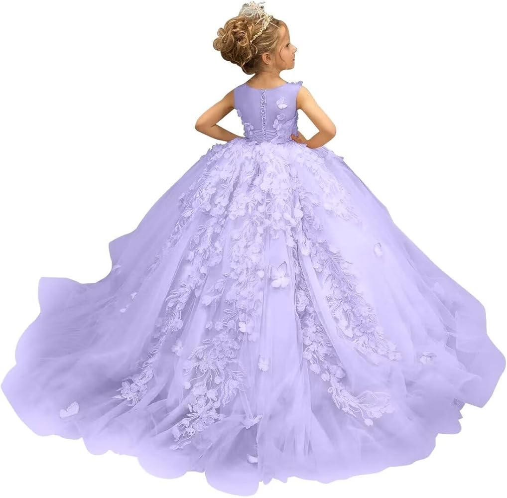 Flower Girl Dress Tulle Appliques 3D Butterfly Pageant Party Princess Ball Gown First Communion Dresses