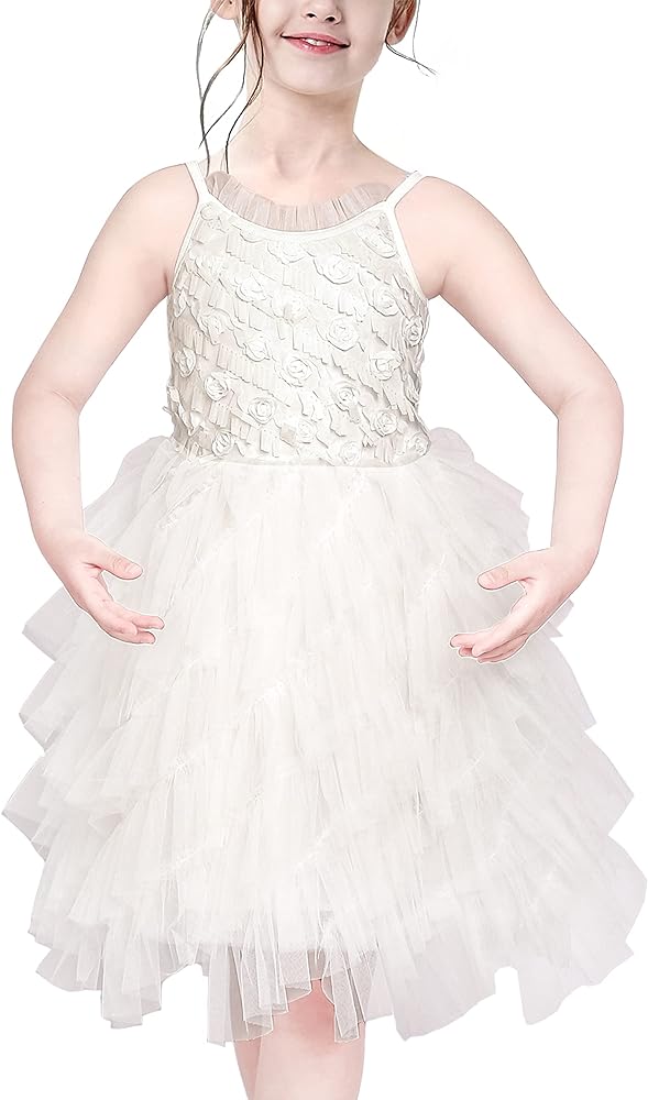 Sunny Fashion Girls Dress Spaghetti Tutu Ballet Ruffle Cake Dress Off White