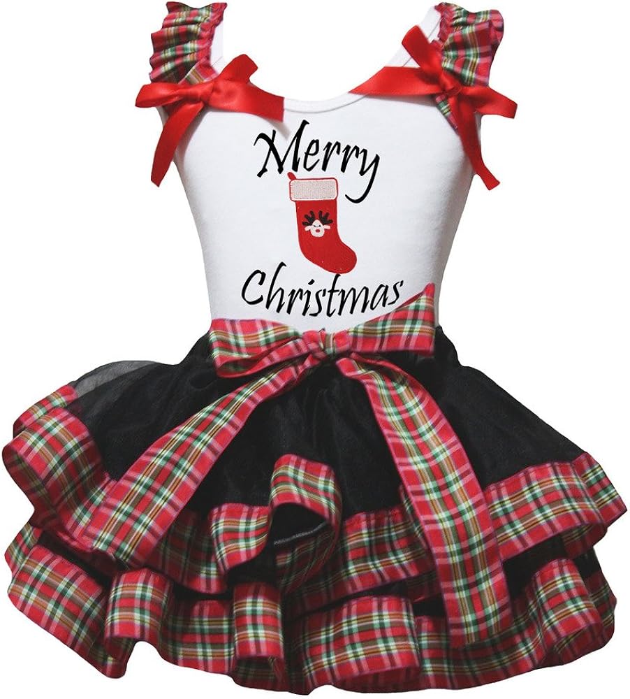 Petitebella Merry Xmas Sock White Shirt Checkered Ribbon Black Petal Skirt Nb-8y