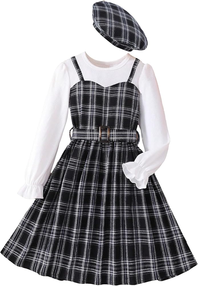 MakeMeChic Girl's Plaid Print Flounce Long Sleeve High Waist Belted A Line Midi Dress