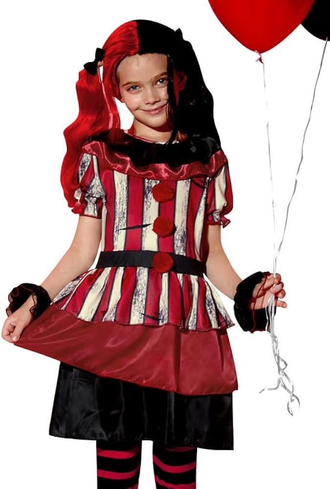 BesserBay Girls Killer Clown Clothing Set Red Creepy Clown Dress Outfit 4-12 Years