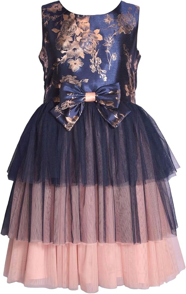 Bonnie Jean Girls 4-16 Navy Pink Foiled Shantung Tiered Mesh Dress