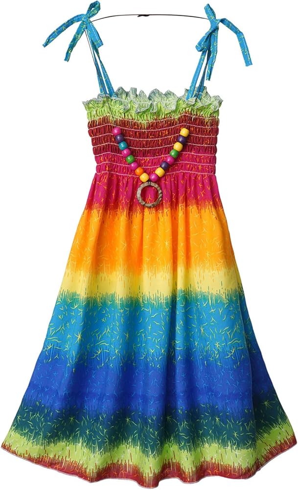 Linjinx Kids Girls Summer Casual Bohemian Princess Dress Floral Sleeveless Rainbow Beach Sundress with Necklace Party Dresses