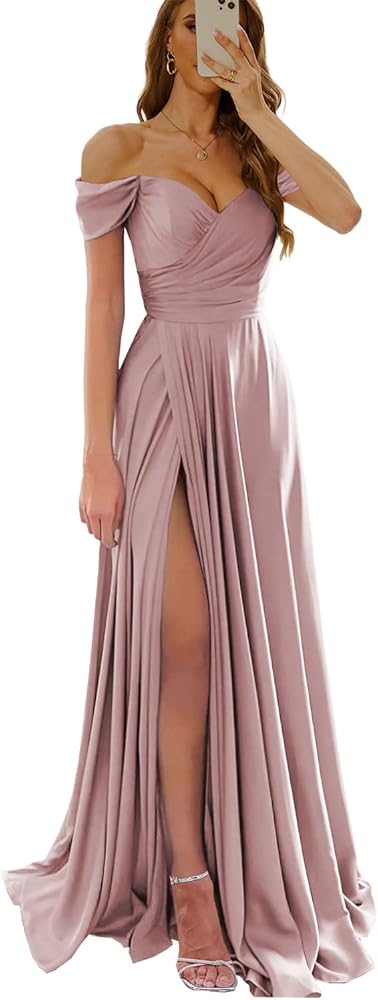 Zoghoo Satin Bridesmaid Dresses for Women Off The Shoulder Prom Dress with Slit Corset Formal Evening Gown