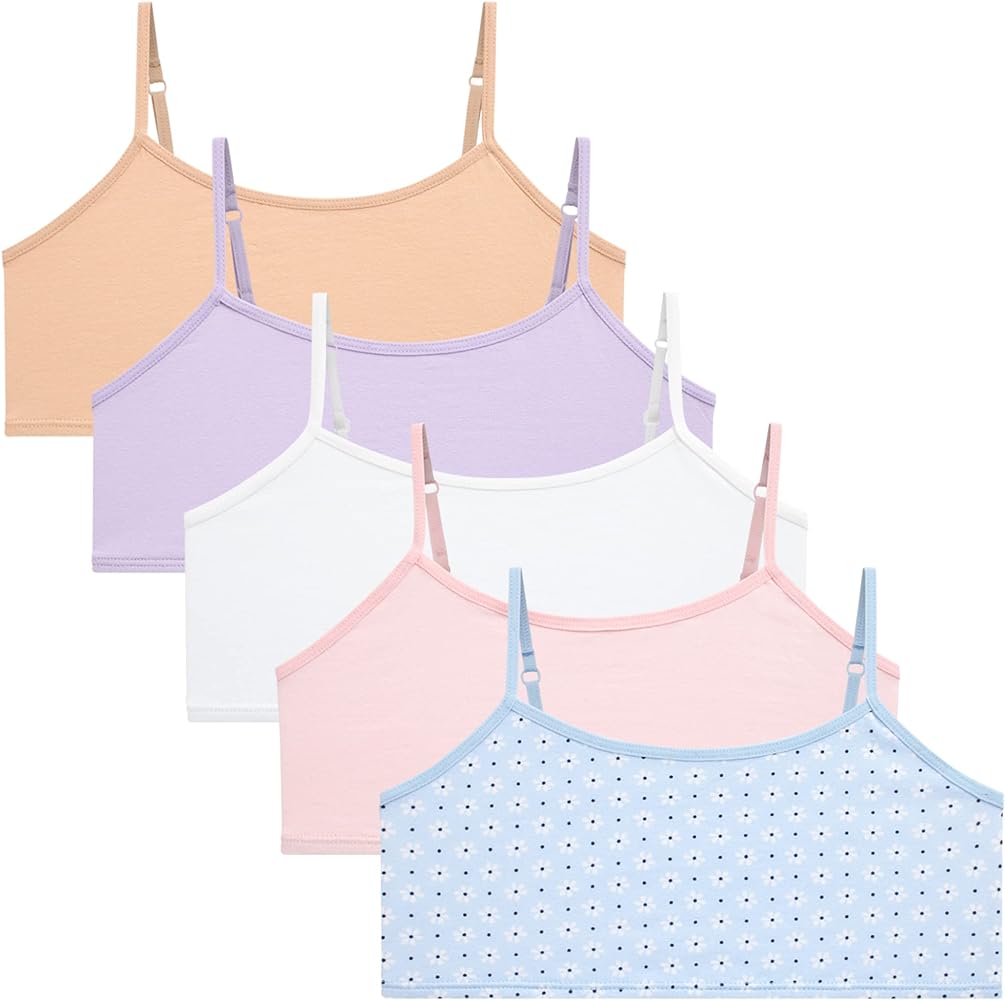 Rene Rofe Girls' Joelle Training Bra - 5 Pack Stretch Cotton Cami Bralette - Bra for Girls, Adjustable Straps (7-14)