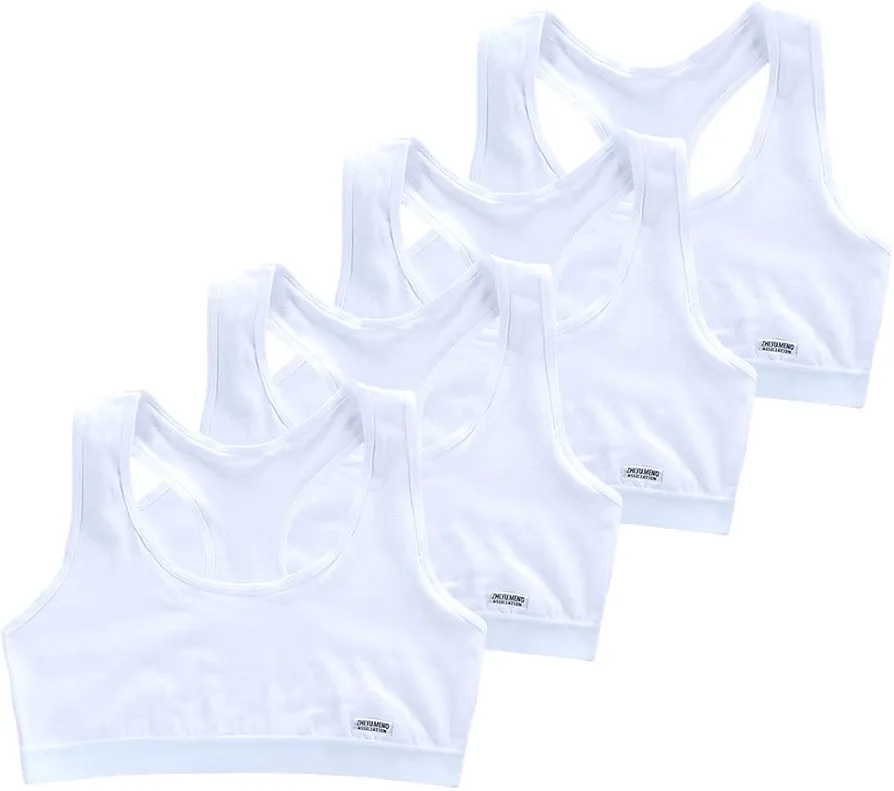 Training Racerback Bras 9-14 Years Girl's Starter Seamless Sports Cotton Bras Thin Soft Breathable Bra - 4 Pack (White)