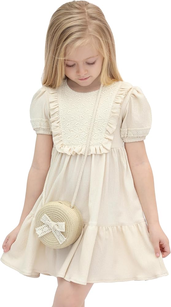 Lilax Little Girls' and Toddler Heart Embellished Lace Collar Dress with Matching Bag