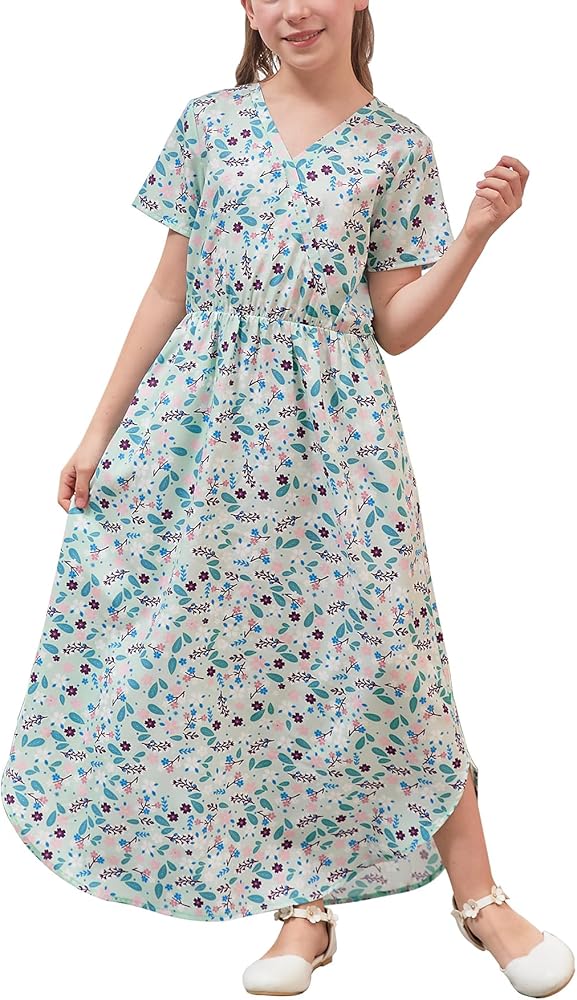 GORLYA Girls Modest Faux Wrap Elegant Curvy Split Cheongsam Style Long Maxi Dress with Pockets 4-14Y