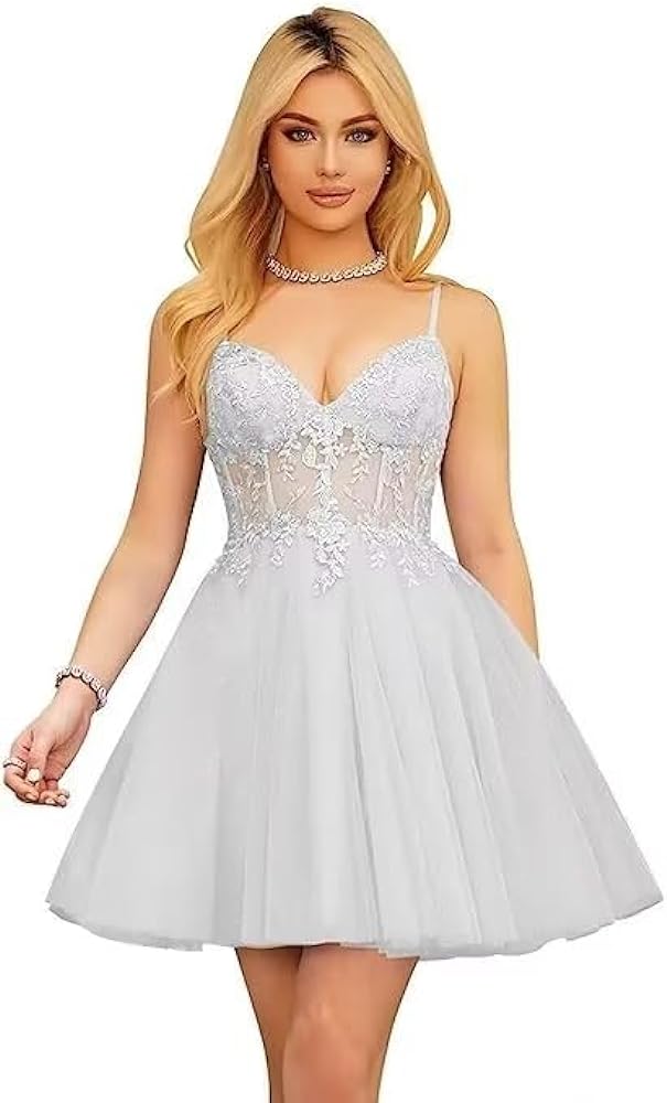 Tulle Homecoming Dresses for Teens 2024 Spaghetti Straps Lace Applique Short Prom Dress