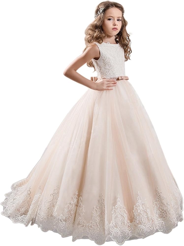 Ivory Long Lace Flower Girl Dresses Champagne Less Party Dress