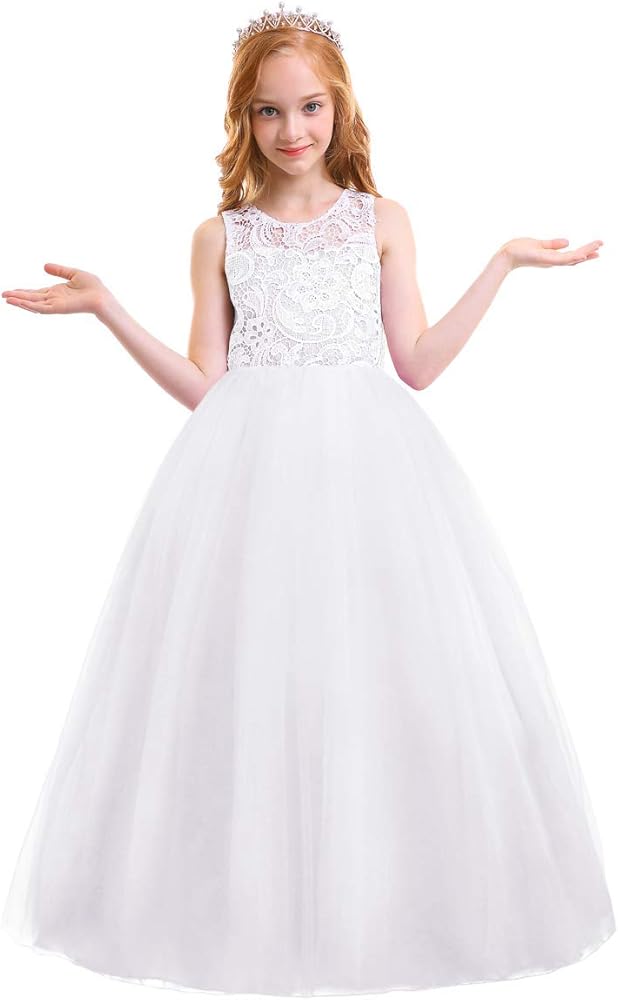 FYMNSI Flower Girls Tulle Lace Dress Communion Pageant Birthday Party Wedding Dress Evening Ball Gowns