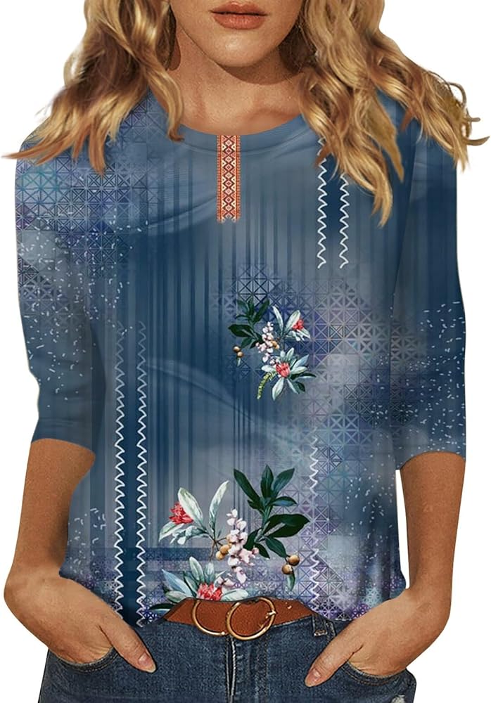 3/4 Sleeve Tops for Women, Women's Fashion Casual Printed Round Neck Seven-Point Sleeve Top Blouse