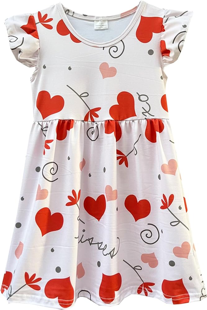 Adorable Toddler Girls Casual Cartoon Print Short Sleeve Dresses for 2-8 Years, Flutter Sleeves, Knee Length