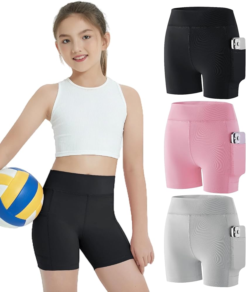 EXARUS Girls 4" Volleyball Dance Shorts with Pockets Youth Biker Spandex Shorts High Waisted