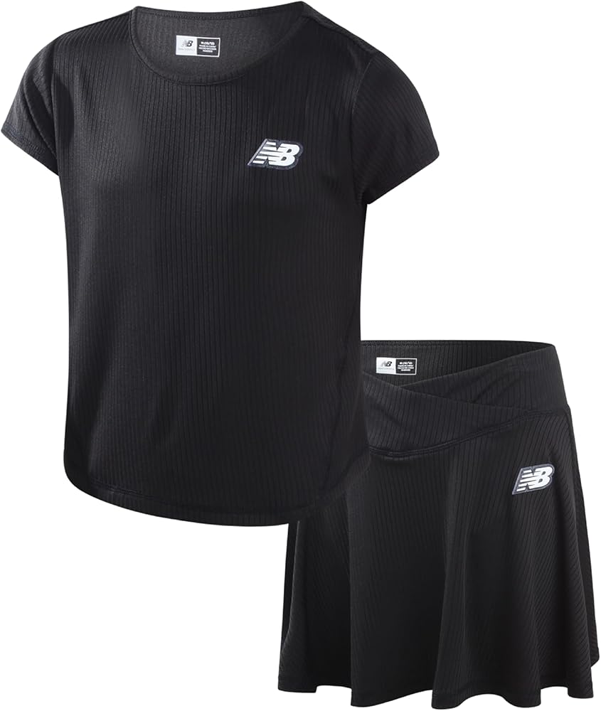 New Balance Girls' Skirt Set - 2 Piece Performance Short Sleeve T-Shirt and Skort (Size: 7-16), Size 7/8, Black