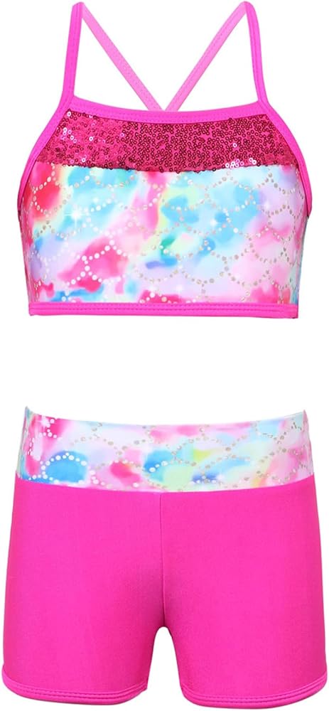 iiniim Kids Girls 2 Piece Dance Sports Outfit Top with Shorts Set for Gymnastics Leotard Dancewear Swimwear Activewear