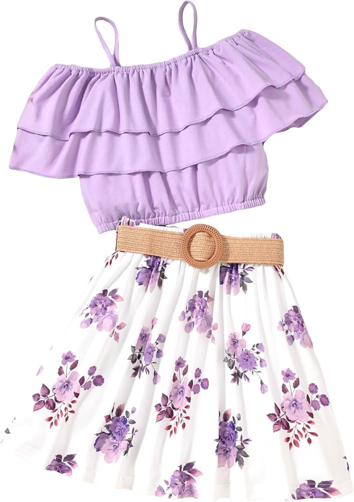 OYOANGLE Girl's 2 Pieces Outfits Sleeveless Cold Shoulder Ruffle Layered Crop Top and Floral Print Belted Skirt Set