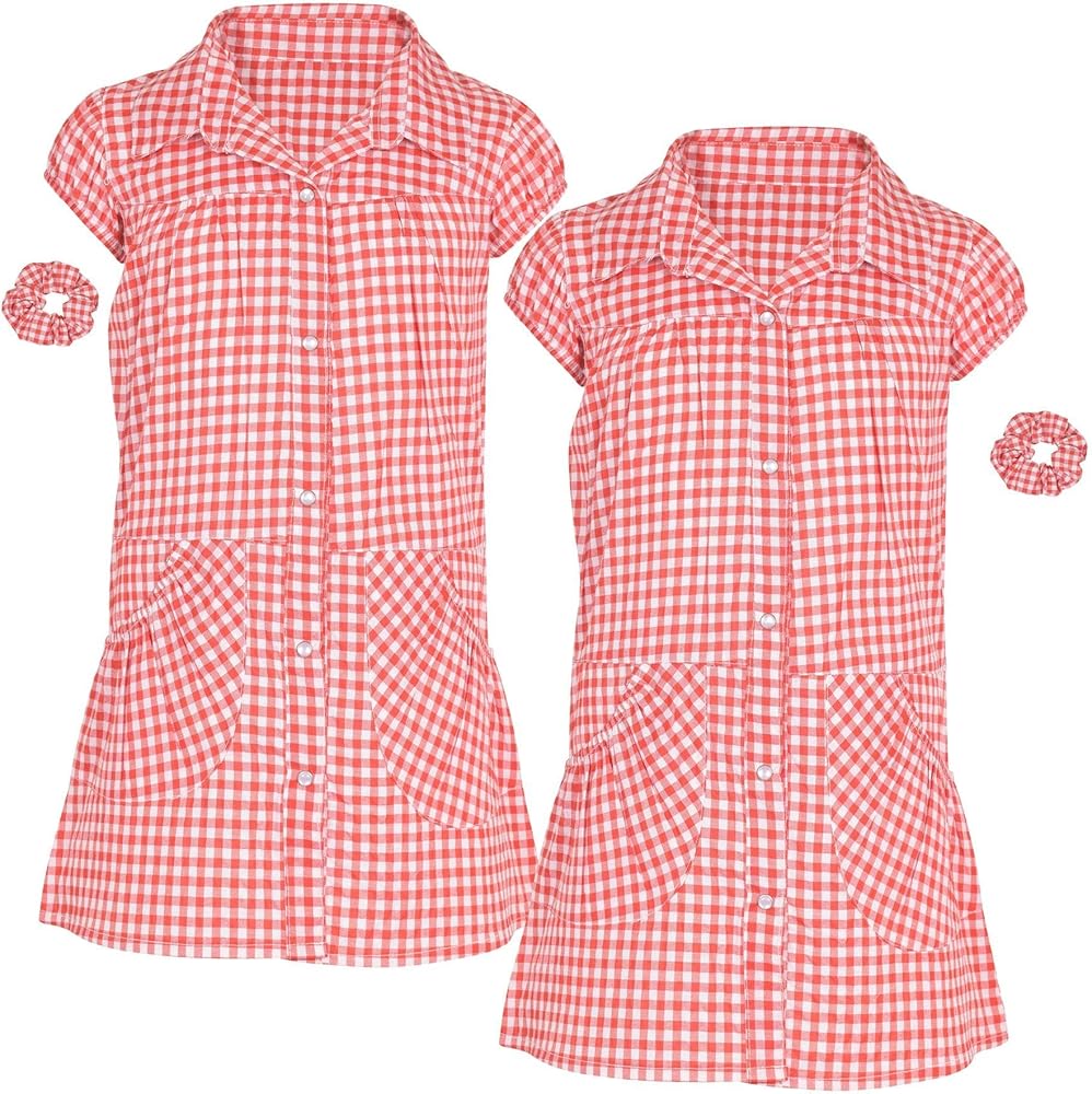 A2Z 4 Kids Girls Pack of 2 Uniform School Dress Soft Comfortable Gingham Check Printed Dresses with Matching Scrunchies