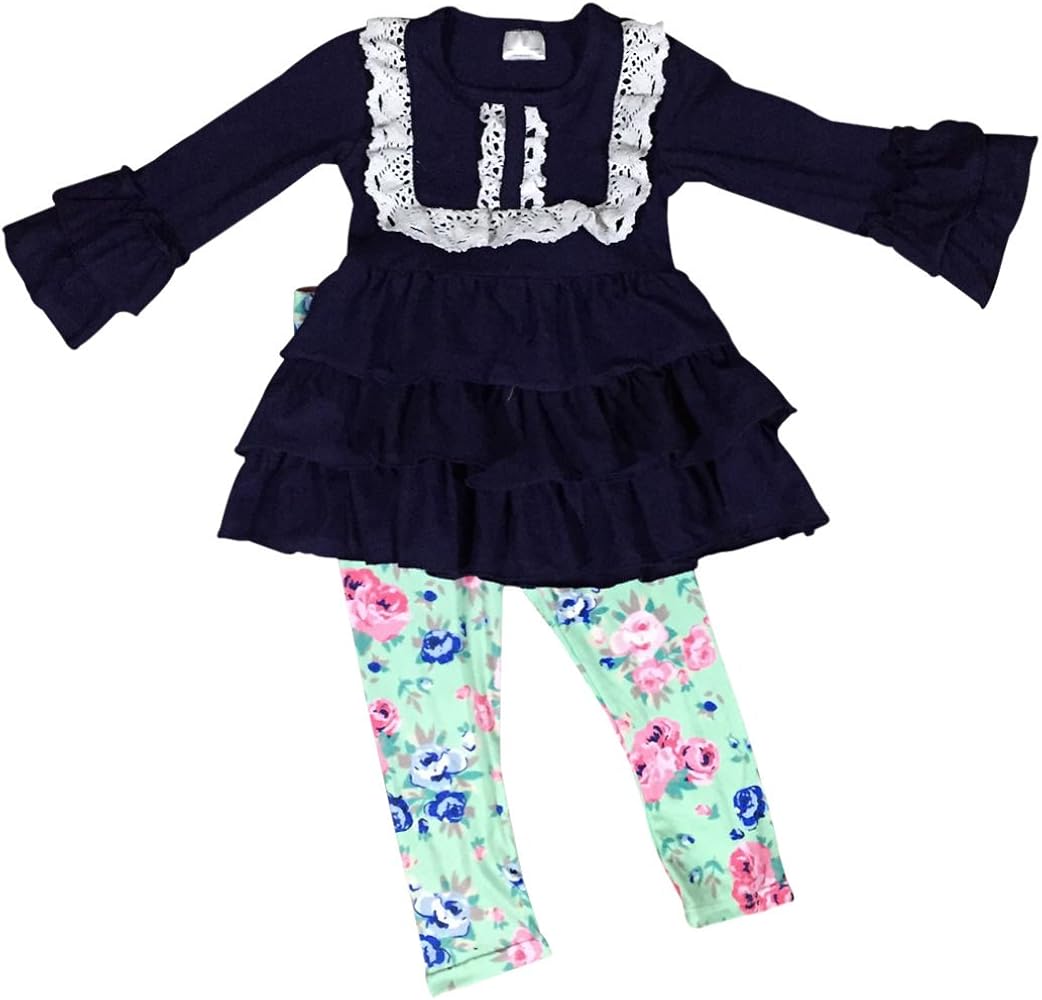 Little Girl Kids Long Sleeve Tunic Solid Top Floral Legging Pant Tight Set 2T-8