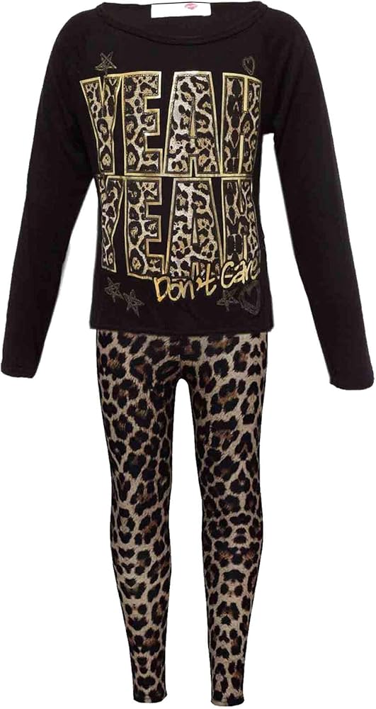 New Girls YEAH YEAH Print Party Fashion Top T Shirt & Leopard Legging Set 7-13