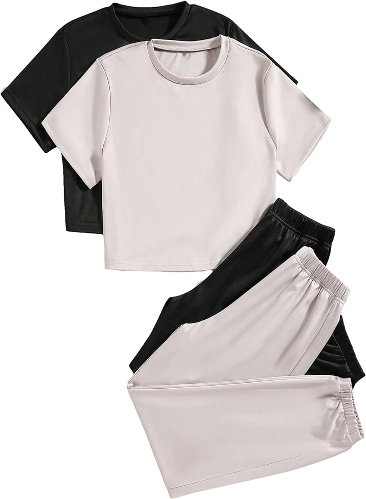 Girl's 4 Piece Solid Round Neck Short Sleeve Crop Tee Top and Sweatpants Sets Tracksuit Cropper T Shirt Sport Suit