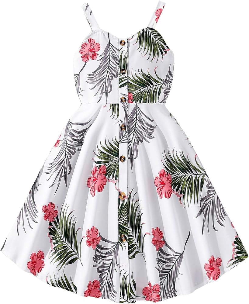 Floerns Girl's Tropical Print Sleeveless Button Front Flared Hem Summer Cami Dresses