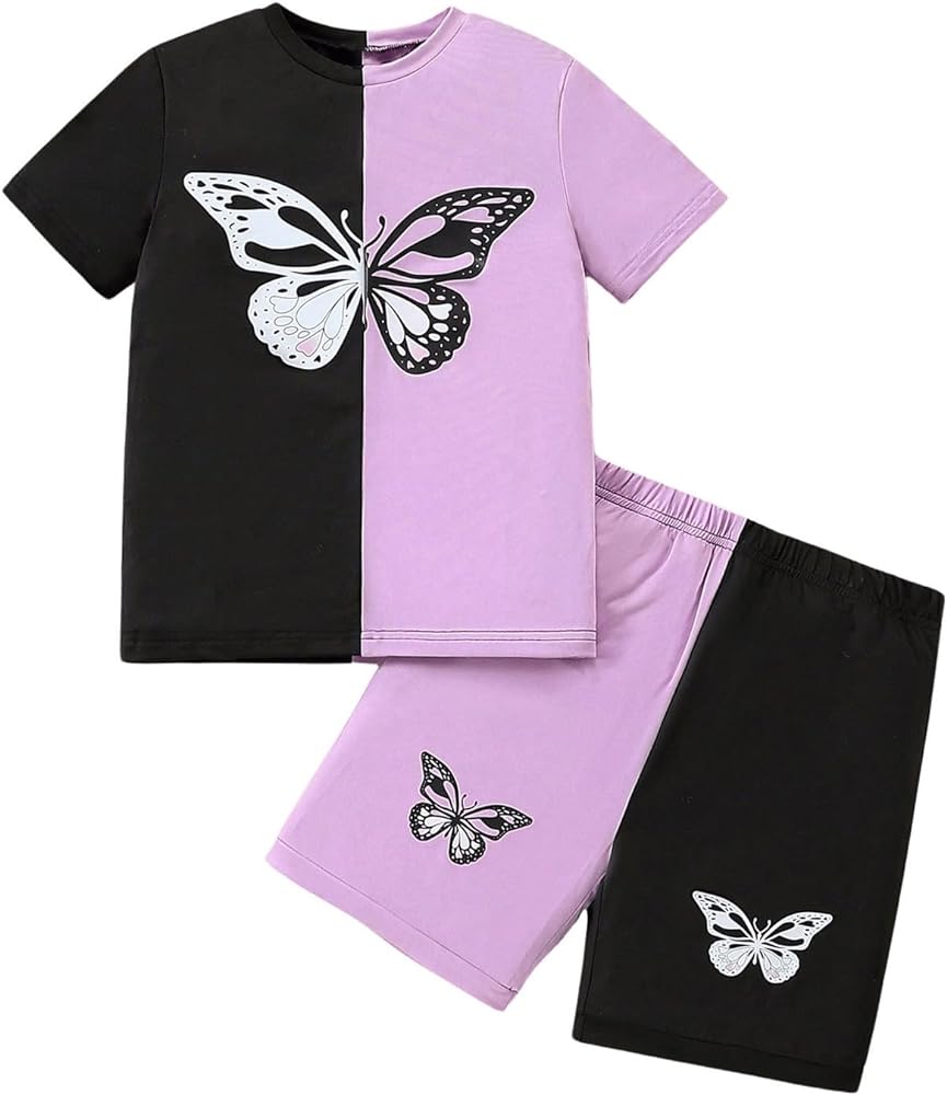 WDIRARA Girl's Butterfly Print Color Block Short Sleeve T-Shirt and Shorts Set Casual Summer Workout Outfits