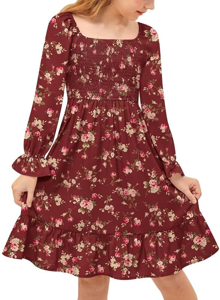 BesserBay Girls Fall Lantern Long Sleeve Ruffle Smocked Square Neck Midi Dress 4-14 Years