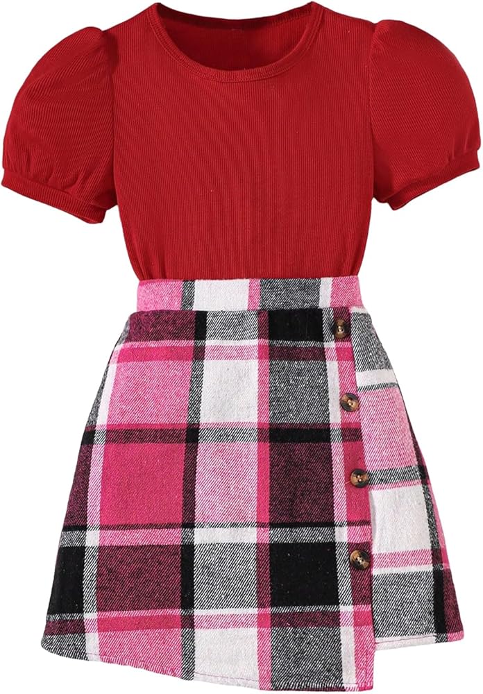 Milumia Girl's Clothing Sets 2 Piece Puff Sleeve Ribbed Tee with Plaid Wrap Mini Skirt Outfits