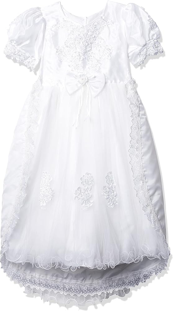 Girls' Short Sleeve Satin Embroidered Dress with Train