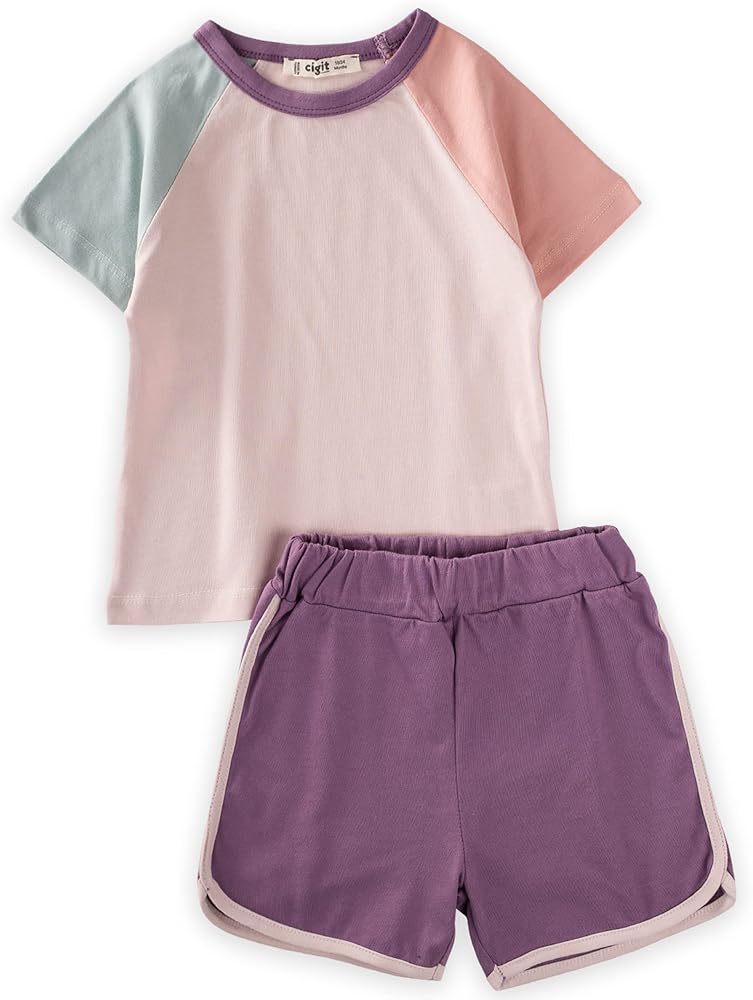 CIGIT - Powder Pink 100% Cotton T-Shirt and Shorts Set for Girls (2-7 Years),Flexible and Comfortable