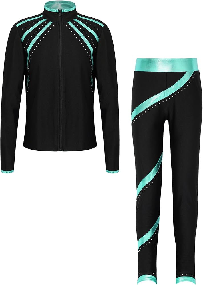 TiaoBug Kids Girls Figure Skating Outfits Roller Ice Skating Practice Training Suit Spiral Jacket Pants Tracksuit Set