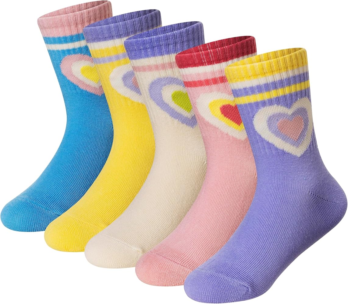 DoSmart Girls Socks Little Kids Youth Soft Breathable Cotton Sports Crew Athletic Socks 5 Pairs