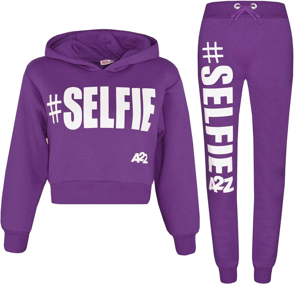 Kids Girls Tracksuit Designer #Selfie Hooded Crop Top & Bottom Jog Suit 5-13 Yr