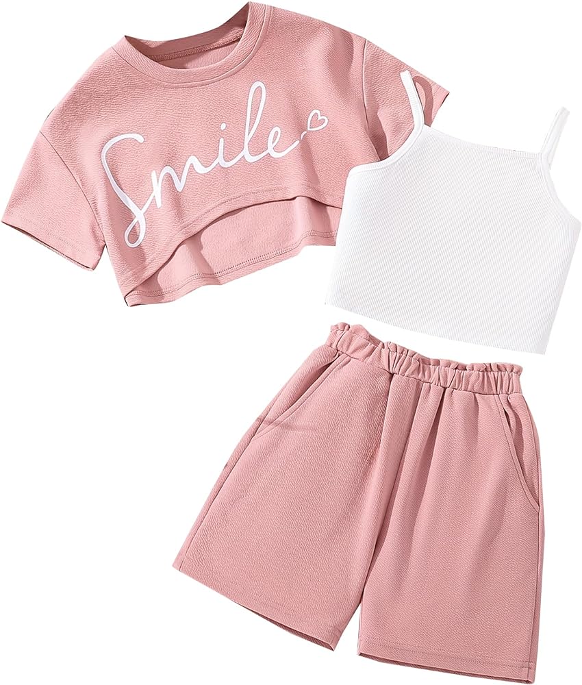 Hilinker Girls 3 Piece Summer Outfits Graphic Crop Tee and Cami Top with Shorts Set Pink Smile 13-14 Year