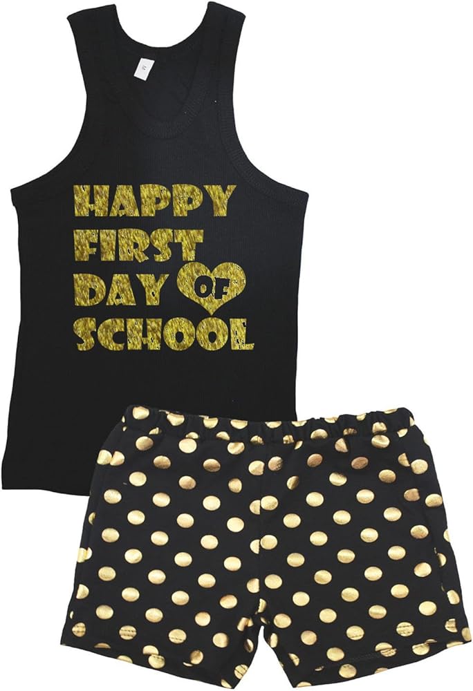 Petitebella Bling Happy First Day of School Black Vest Gold Dots Short Set 1-8y