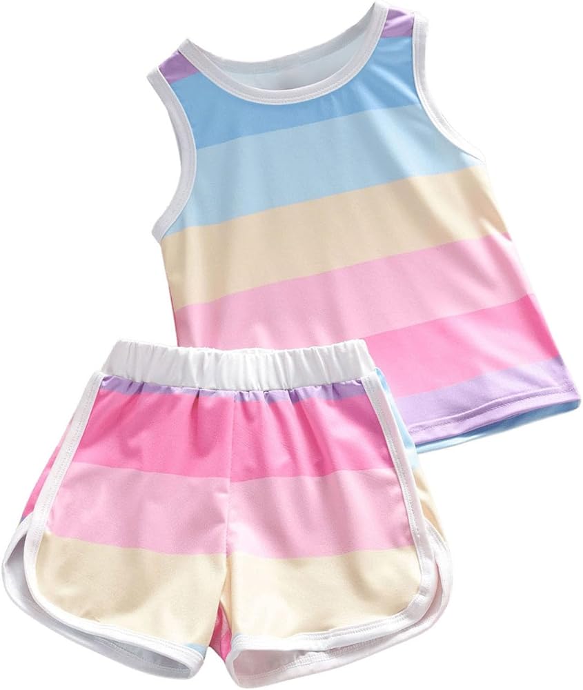 Milumia Girl's Color Block 2 Piece Outfits Striped Crew Neck Tank Top and Track Shorts Set